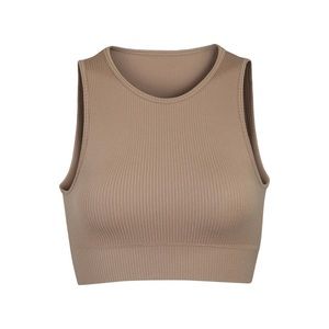 SKIMS Stretch Rib High Neck Bra in
shade Desert.